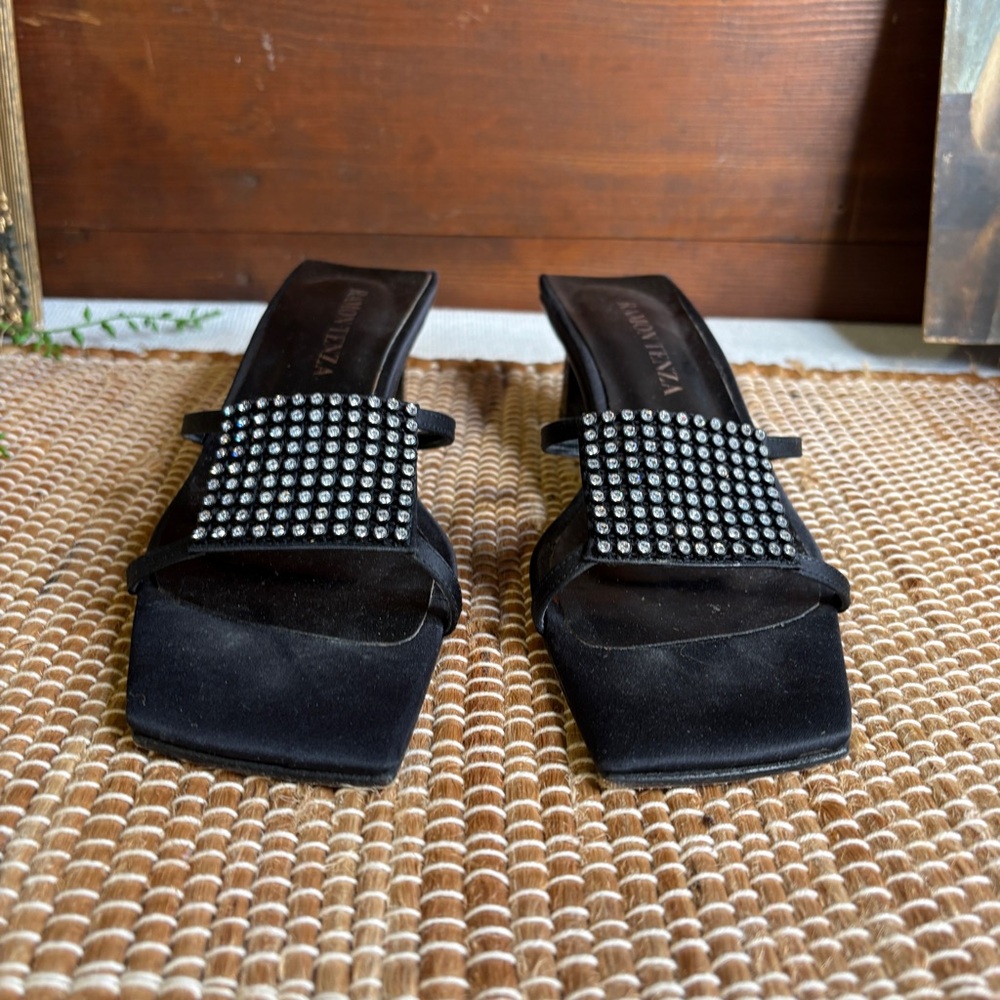 Vintage Ramon Tenza Black Square Toe Satin & Leather Rhinestone Slides Size 7.5B - Picture 8 of 11